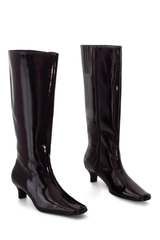 A pair of knee-high patent leather boots in a very dark brown or near-black color, shown from the side against a plain white background.