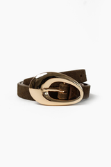 Celina Leather Skinny Belt - Olive/Gold