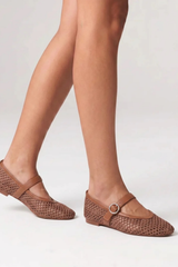 Eunice Mesh Mary Jane Flats - Dark Camel Tan
