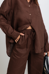 Tahlia Straight-Leg Linen Pants - Chocolate - The Self Styler