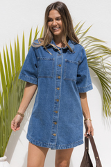 Tallow Relaxed-Fit Denim Mini Dress - Dark Blue Wash - The Self Styler