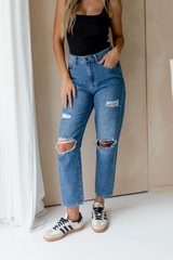 Georgie Distressed Denim Mum Jeans - Dark Wash - The Self Styler