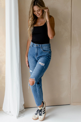 Georgie Distressed Denim Mum Jeans - Dark Wash - The Self Styler
