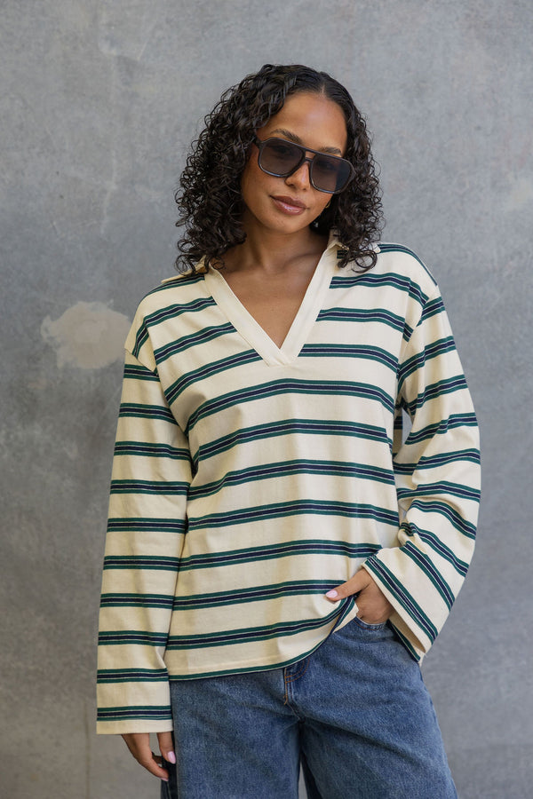 Addison Rugby Polo Top - Cream, Green & Navy Stripes