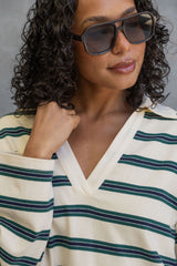 Addison Rugby Polo Top - Cream, Green & Navy Stripes