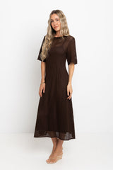 Airlie crochet midi dress in chocolate brown, open-weave knit midi dress with short sleeves, styled with thong sandals