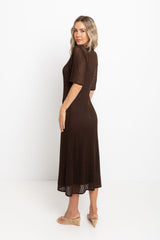 Airlie crochet midi dress in chocolate brown, open-weave knit midi dress with short sleeves, styled with thong sandals