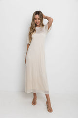 Airlie crochet midi dress in natural, open-weave knit midi dress with short sleeves, styled with thong heeled sandals