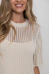 Airlie crochet midi dress in natural, open-weave knit midi dress with short sleeves, styled with thong heeled sandals
