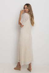 Airlie crochet midi dress in natural, open-weave knit midi dress with short sleeves, styled with thong heeled sandals