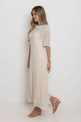 Airlie crochet midi dress in natural, open-weave knit midi dress with short sleeves, styled with thong heeled sandals