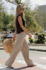 Landon Wide-Leg Cotton Pants - Beige Check