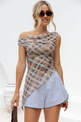 Bowie Cotton Shorts in Chalk Blue styled with an off-shoulder check top for a summer look