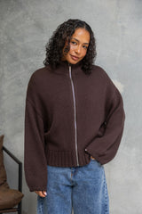 Callie Funnel Neck Zip-Up Cardigan - Chocolate