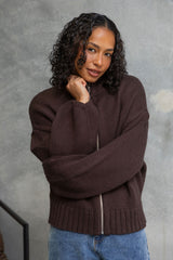 Callie Funnel Neck Zip-Up Cardigan - Chocolate