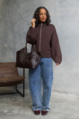Callie Funnel Neck Zip-Up Cardigan - Chocolate