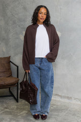 Callie Funnel Neck Zip-Up Cardigan - Chocolate
