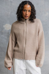 Callie Funnel Neck Zip-Up Cardigan - Latte