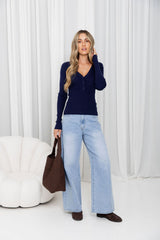 Cara V-Neck Ribbed Knit Top - Navy