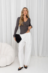 Cara V-Neck Ribbed Knit Top - Charcoal