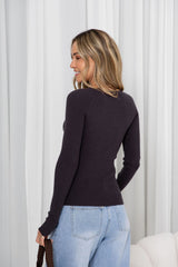 Cara V-Neck Ribbed Knit Top - Chocolate