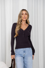 Cara V-Neck Ribbed Knit Top - Chocolate
