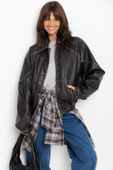 Eddie Faux Leather Jacket - Choc Brown