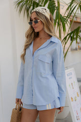 Eden Tie-Back Linen Blend Shirt - Blue