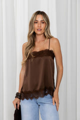 Elce Satin Lace Cami Top - Chocolate