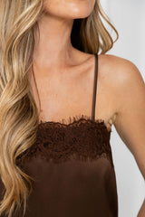 Elce Satin Lace Cami Top - Chocolate