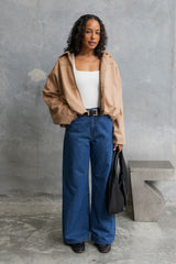 Fraser Suede Look Bomber Jacket - Sand