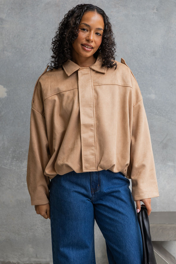 Fraser Suede Look Bomber Jacket - Sand