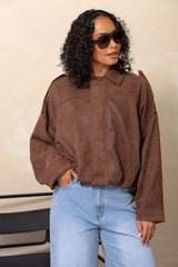 Fraser chocolate suede look bomber jacket, oversized boxy fit with collar and dropped shoulders, styled with light wash denim jeans