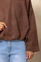 Fraser chocolate suede look bomber jacket, oversized boxy fit with collar and dropped shoulders, styled with light wash denim jeans