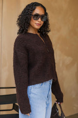 Freya Fluffy Knit Cardigan - Chocolate