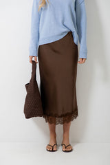 Georgie Satin Lace Midi Skirt - Chocolate