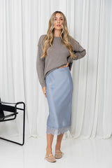 Georgie Satin Lace Midi Skirt - Steel Blue