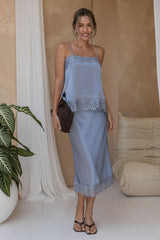 Georgie Satin Lace Midi Skirt - Steel Blue