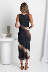 Naya Mesh Midi Dress - Choc Watercolour - The Self Styler