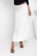 Vienna Satin Midi Skirt - Ivory / Black Polka Dots - The Self Styler