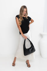 Vienna Satin Midi Skirt - Ivory / Black Polka Dots - The Self Styler