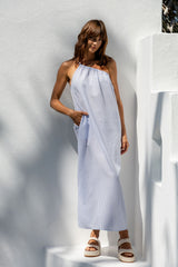 Clara One-Shoulder Maxi Dress - White and Blue Stripe - The Self Styler