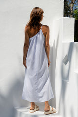 Clara One-Shoulder Maxi Dress - White and Blue Stripe - The Self Styler