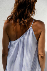 Clara One-Shoulder Maxi Dress - White and Blue Stripe - The Self Styler