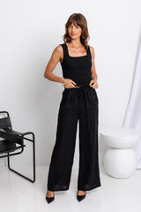 Tahlia Straight-Leg Linen Pants - Black - The Self Styler