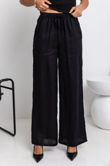 Tahlia Straight-Leg Linen Pants - Black - The Self Styler