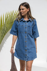 Tallow Relaxed-Fit Denim Mini Dress - Dark Blue Wash - The Self Styler