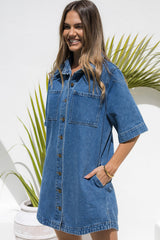 Tallow Relaxed-Fit Denim Mini Dress - Dark Blue Wash - The Self Styler