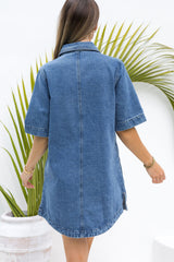 Tallow Relaxed-Fit Denim Mini Dress - Dark Blue Wash - The Self Styler