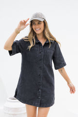 Tallow Relaxed-Fit Denim Mini Dress - Black - The Self Styler